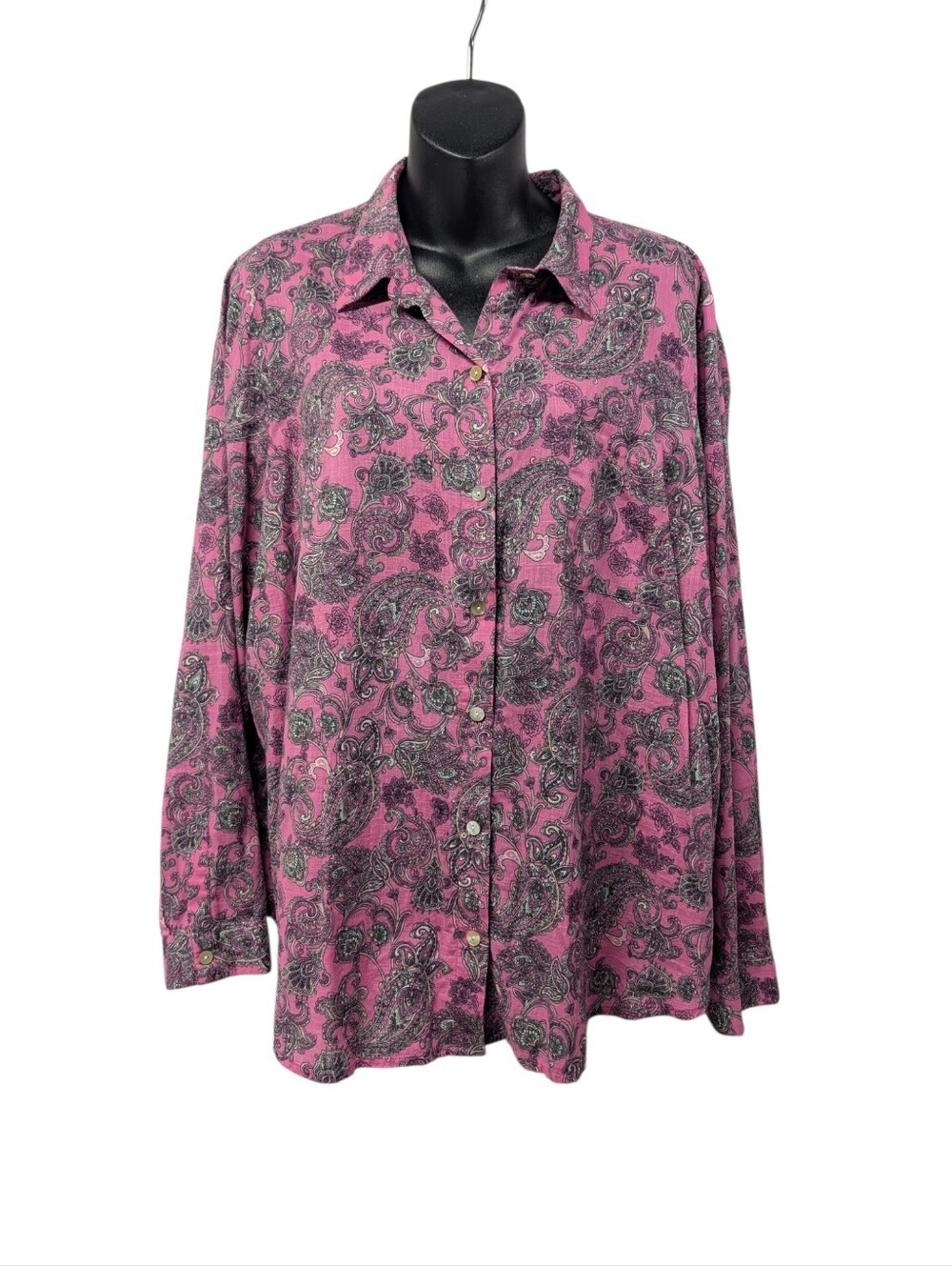 J. Jill Womens Pink Paisley Button-Up Collared Long Sleeve Woven Cotton Size L
